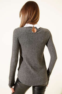 Yumoş Gömlek Detaylı Bluz Füme - Kadın Giyim Modelleri