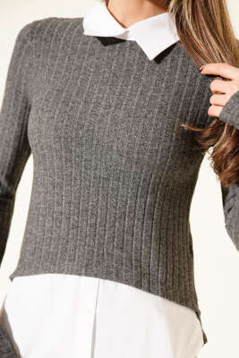 Yumoş Gömlek Detaylı Bluz Füme - Kadın Giyim Modelleri