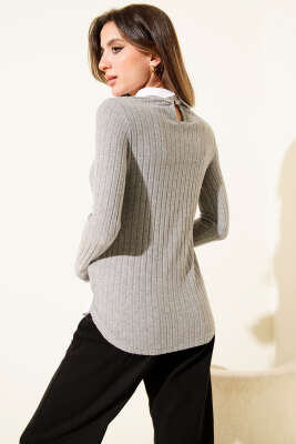 Yumoş Gömlek Detaylı Bluz Gri - Kadın Giyim Modelleri