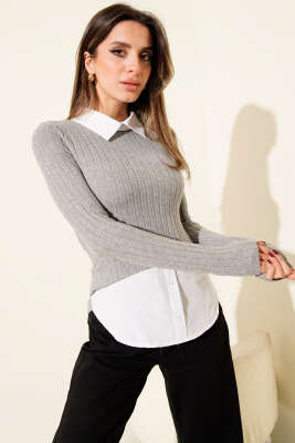 Yumoş Gömlek Detaylı Bluz Gri - Kadın Giyim Modelleri