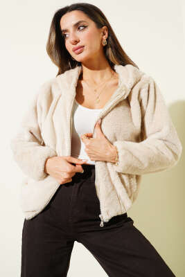 Yumoş Peluş Kapüşonlu Hırka Bej - Kadın Giyim Modelleri