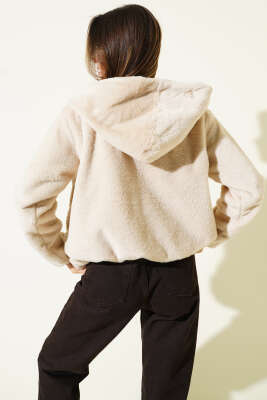 Yumoş Peluş Kapüşonlu Hırka Bej - Kadın Giyim Modelleri