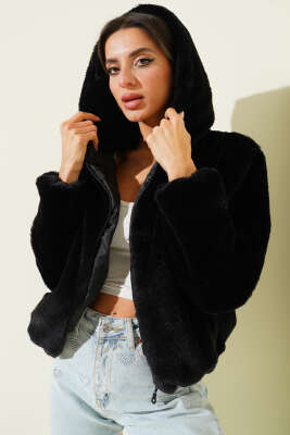 Yumoş Peluş Kapüşonlu Hırka Siyah - Kadın Giyim Modelleri