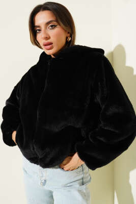 Yumoş Peluş Kapüşonlu Hırka Siyah - Kadın Giyim Modelleri
