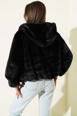 Yumoş Peluş Kapüşonlu Hırka Siyah - Kadın Giyim Modelleri
