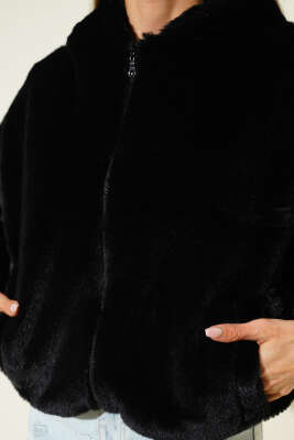 Yumoş Peluş Kapüşonlu Hırka Siyah - Kadın Giyim Modelleri
