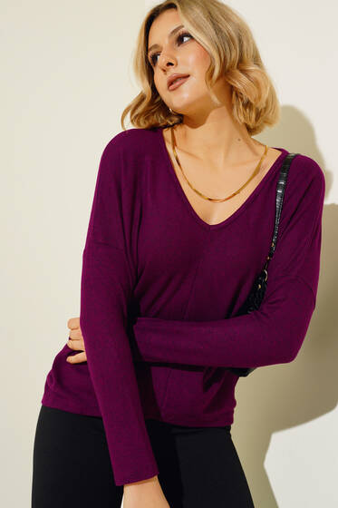 Yumoş V Yaka Kazak Mürdüm - Kadın Giyim Modelleri