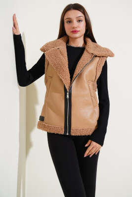 Yün İçli Deri Yelek Latte - Kadın Giyim Modelleri