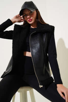 Yün İçli Deri Yelek Siyah - Kadın Giyim Modelleri