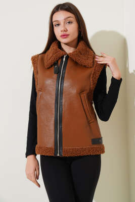Yün İçli Deri Yelek Taba - Kadın Giyim Modelleri