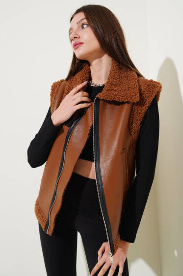 Yün İçli Deri Yelek Taba - Kadın Giyim Modelleri