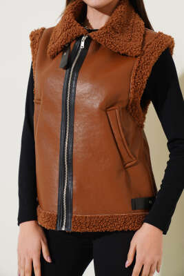 Yün İçli Deri Yelek Taba - Kadın Giyim Modelleri