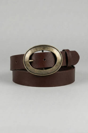 Yuvarlak Bakır Görünüm Tokalı Kemer Acı Kahve - Deri Kemer