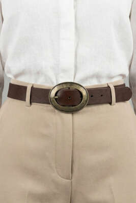 Yuvarlak Bakır Görünüm Tokalı Kemer Acı Kahve - Deri Kemer