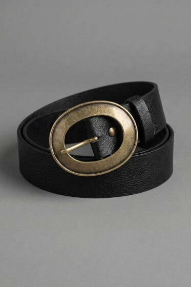 Yuvarlak Bakır Görünüm Tokalı Kemer Siyah - Deri Kemer