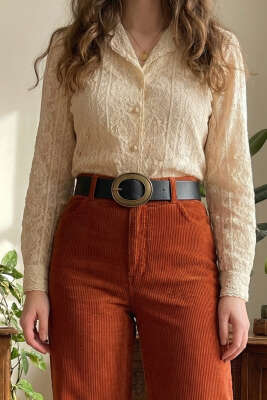 Yuvarlak Bakır Görünüm Tokalı Kemer Siyah - Deri Kemer