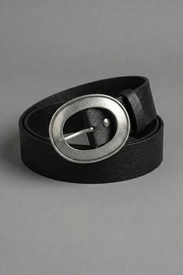 Yuvarlak Bakır Görünüm Tokalı Kemer Siyah Gümüş - Deri Kemer