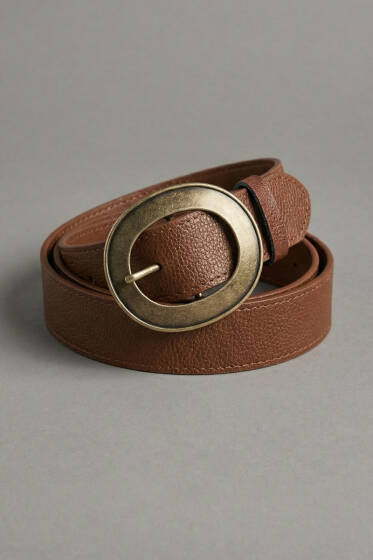 Yuvarlak Bakır Görünüm Tokalı Kemer Taba - Deri Kemer