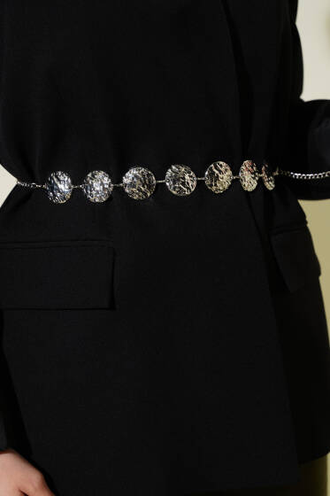 Yuvarlak Dekor Metal Zincir Kemer Gümüş - Zincirli Kemer