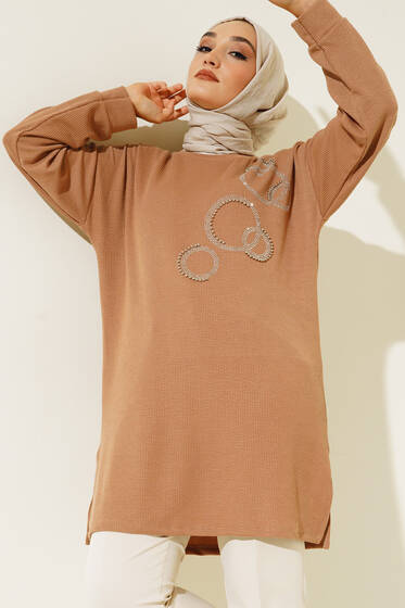 Yuvarlak Parlak Taşlı Tunik Camel - Tunik