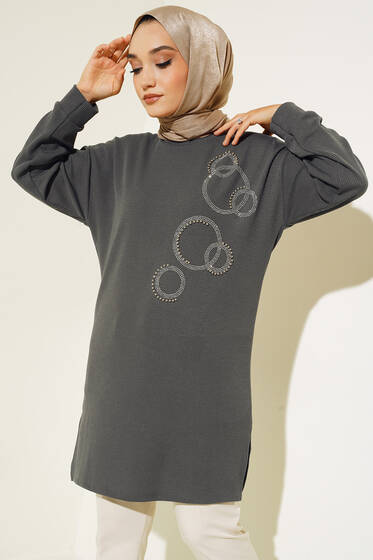Yuvarlak Parlak Taşlı Tunik Füme - Tunik