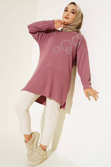 Yuvarlak Parlak Taşlı Tunik Gül Kurusu - Tunik