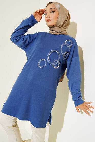 Yuvarlak Parlak Taşlı Tunik İndigo - Tunik