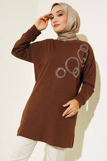 Yuvarlak Parlak Taşlı Tunik Kahve - Tunik