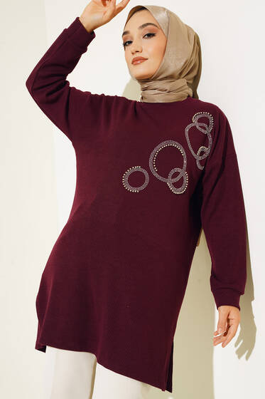 Yuvarlak Parlak Taşlı Tunik Mürdüm - Tunik