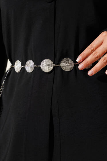 Yuvarlak Sembollü Zincir Kemer Gümüş - Zincirli Kemer