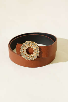 Yuvarlak Taş Tokalı Kalın Kemer Taba 