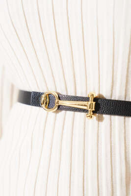 Yuvarlak Tokalı Kemer Siyah Gold - Deri Kemer