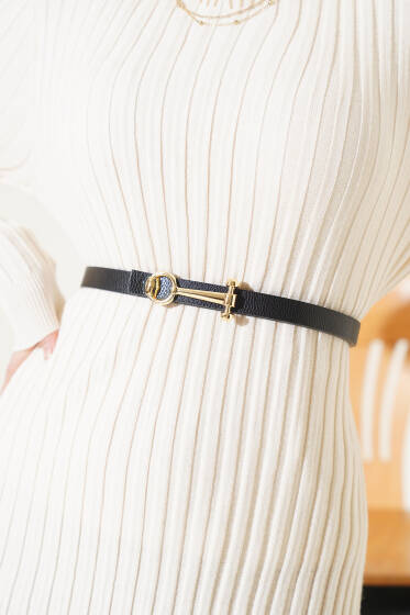 Yuvarlak Tokalı Kemer Siyah Gold - Deri Kemer