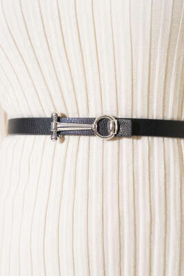 Yuvarlak Tokalı Kemer Siyah Gümüş - Deri Kemer