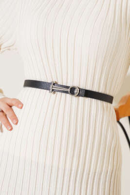 Yuvarlak Tokalı Kemer Siyah Gümüş 