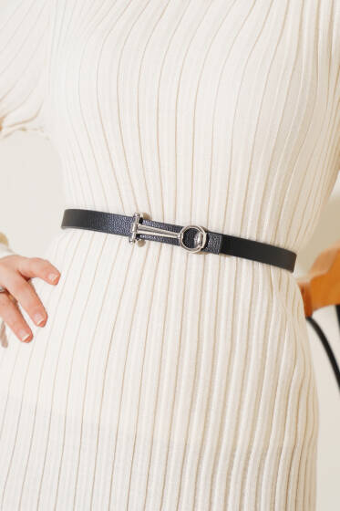 Yuvarlak Tokalı Kemer Siyah Gümüş - Deri Kemer