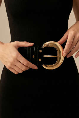 Yuvarlak Tokalı Kemer Siyah - Süet Kemer