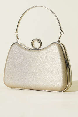 Yüzüklü Simli Abiye Çanta Bej 