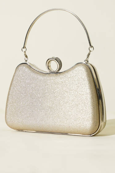 Yüzüklü Simli Abiye Çanta Bej - Kol Çantası