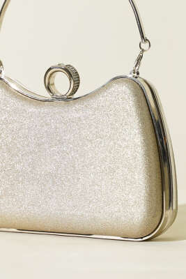 Yüzüklü Simli Abiye Çanta Bej - Kol Çantası