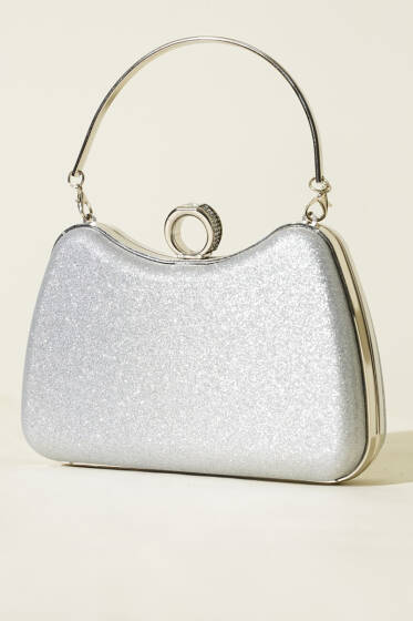 Yüzüklü Simli Abiye Çanta Gümüş - Kol Çantası