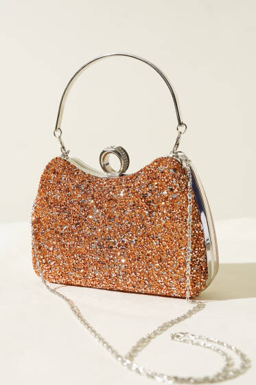 Yüzüklü Taşlı Abiye Çanta Bakır - Kol Çantası