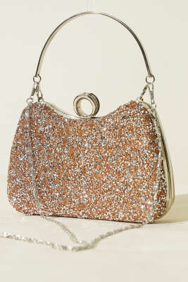 Yüzüklü Taşlı Abiye Çanta Bakır Silver - GÜZEL ÇANTA