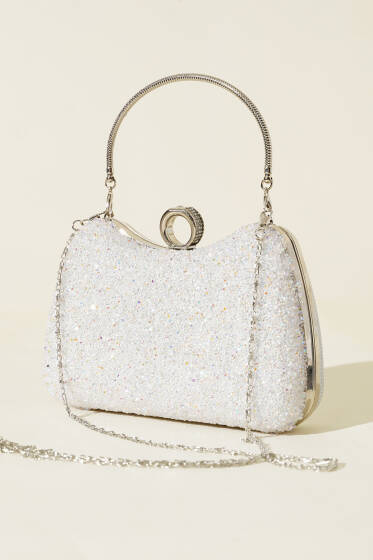 Yüzüklü Taşlı Abiye Çanta Beyaz - Kol Çantası