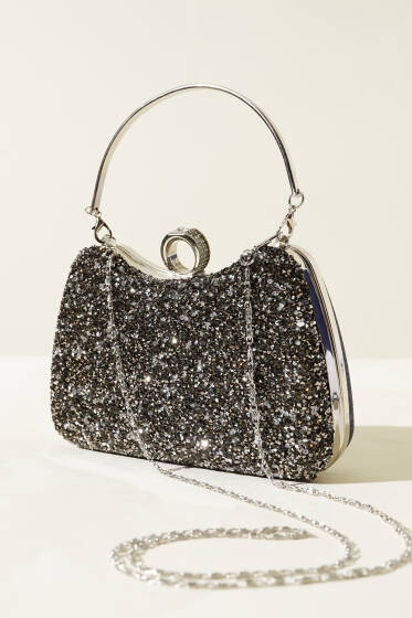 Yüzüklü Taşlı Abiye Çanta Füme - Kol Çantası