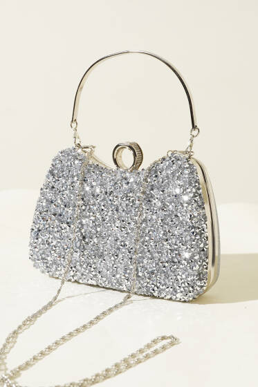 Yüzüklü Taşlı Abiye Çanta Gümüş - Kol Çantası