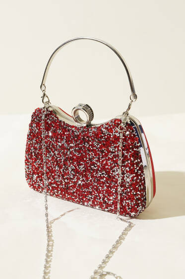 Yüzüklü Taşlı Abiye Çanta Kırmızı - Kol Çantası