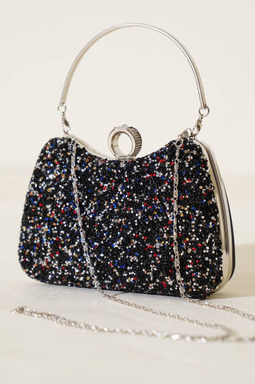 Yüzüklü Taşlı Abiye Çanta Rengarenk - Kol Çantası