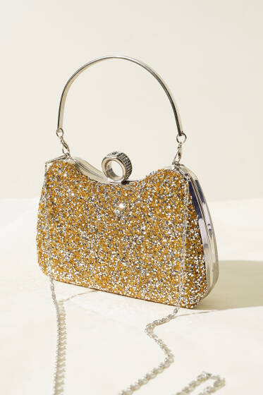 Yüzüklü Taşlı Abiye Çanta Sarı Beyaz - Kol Çantası