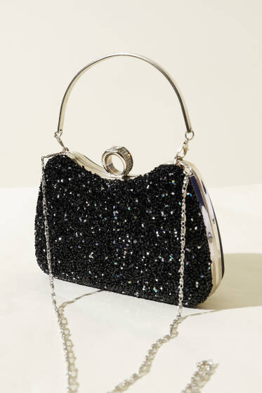 Yüzüklü Taşlı Abiye Çanta Siyah - Kol Çantası